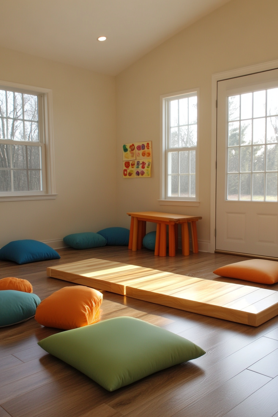 Compact kids' yoga area. Floor pillows, soft mats, natural wood balance beam.