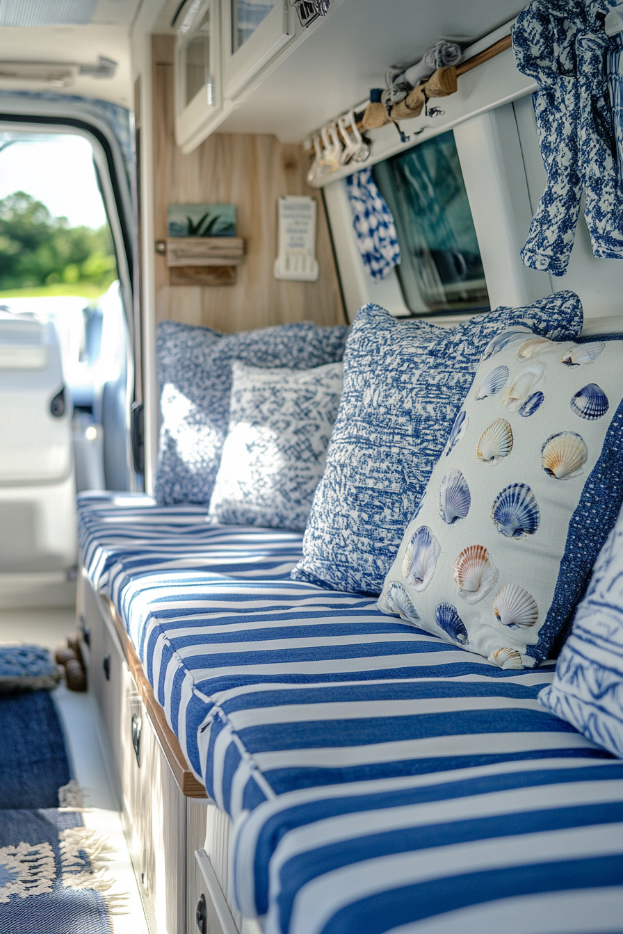 Coastal camper van interior. Blue and white stripped upholstery with seashell accents.