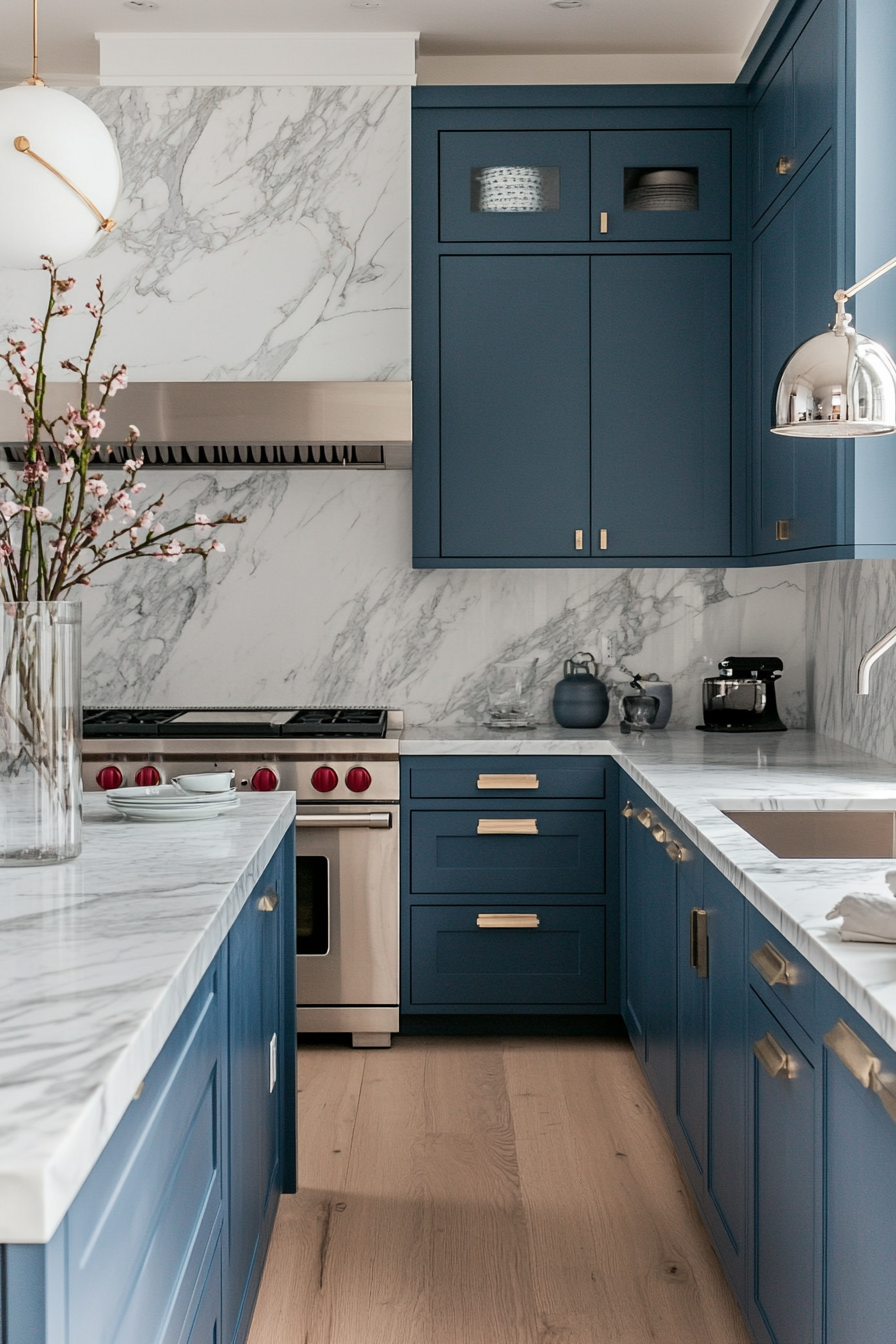 Modern coastal kitchen. Blue cabinets, white marble countertops, and oak wood flooring.