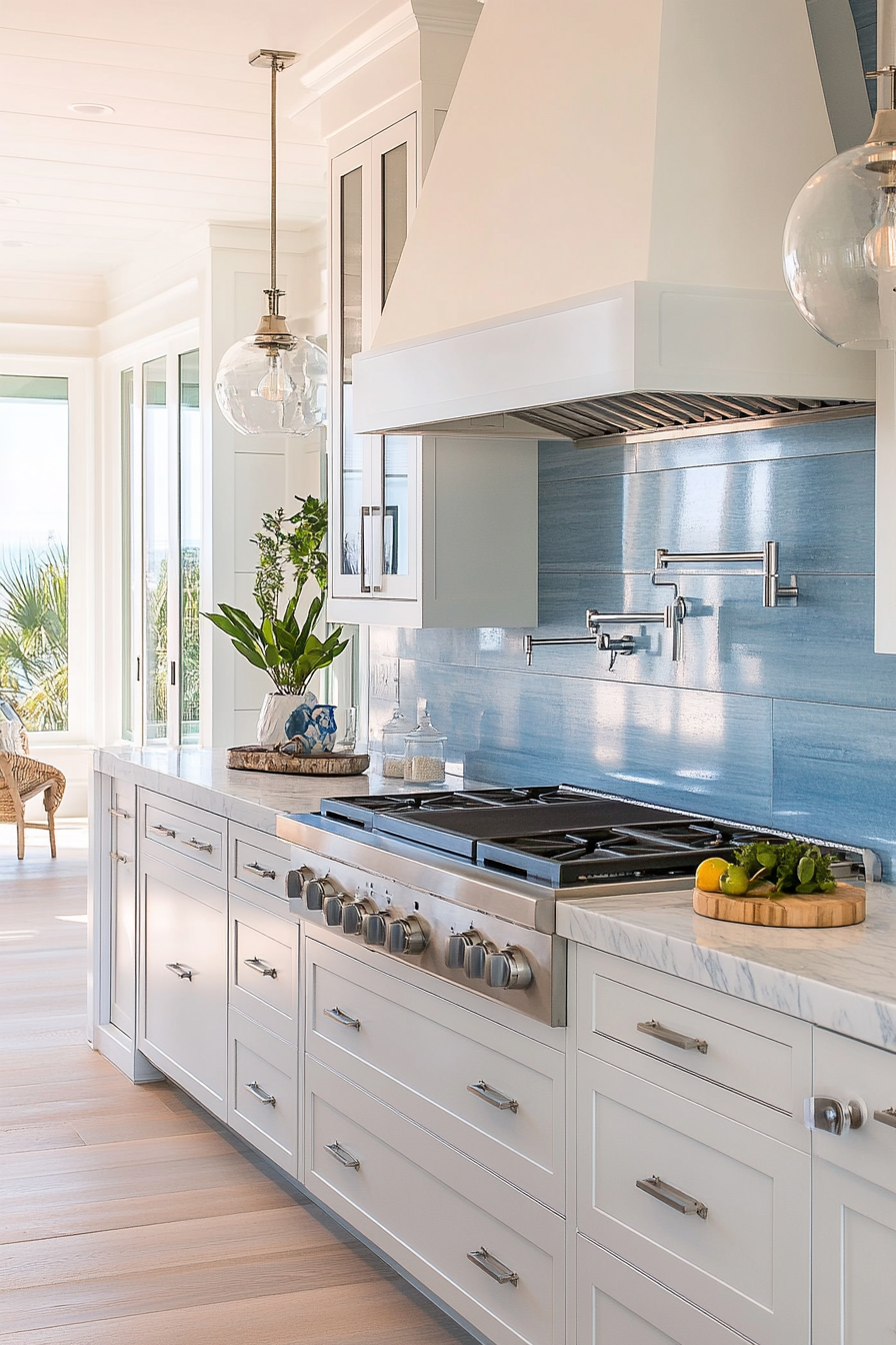 Modern coastal kitchen. White marble countertops with blue-tinted backsplash.