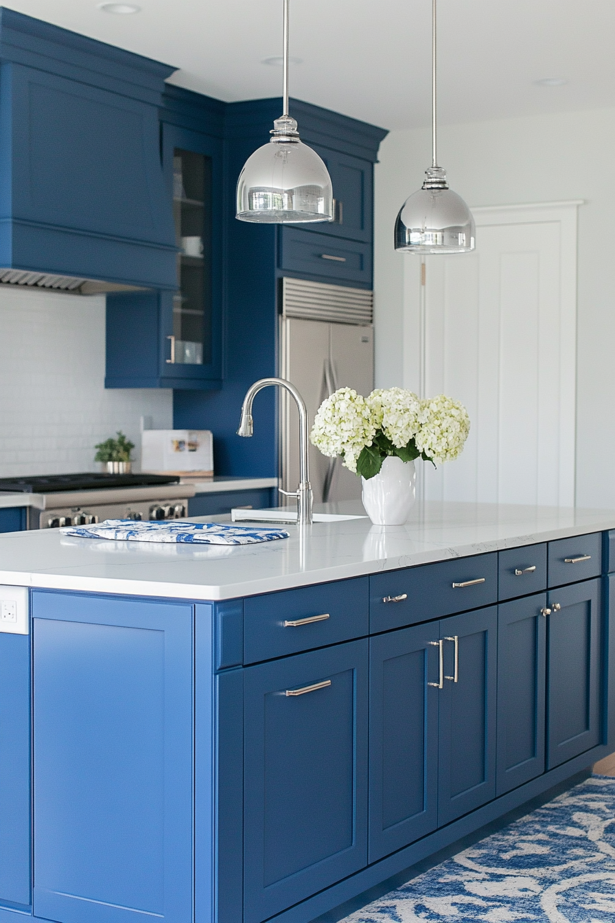 Modern blue and white kitchen. Coastal, with blue shaker cabinets and white marble island.