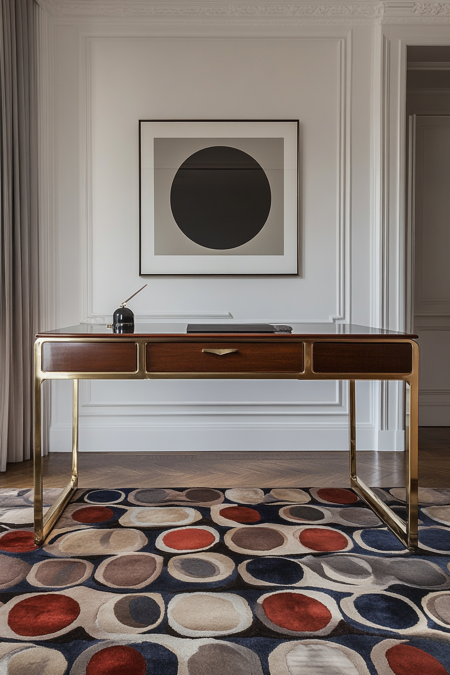 Remote work office. Geometric patterns on Art Deco rug with sleek brass desk.