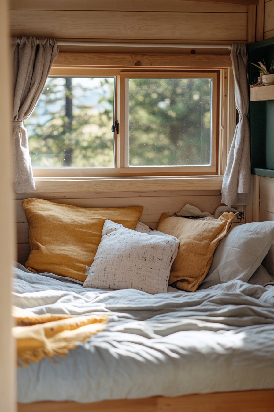 Tiny home interior. Futon-style bedding with light wooden accents.