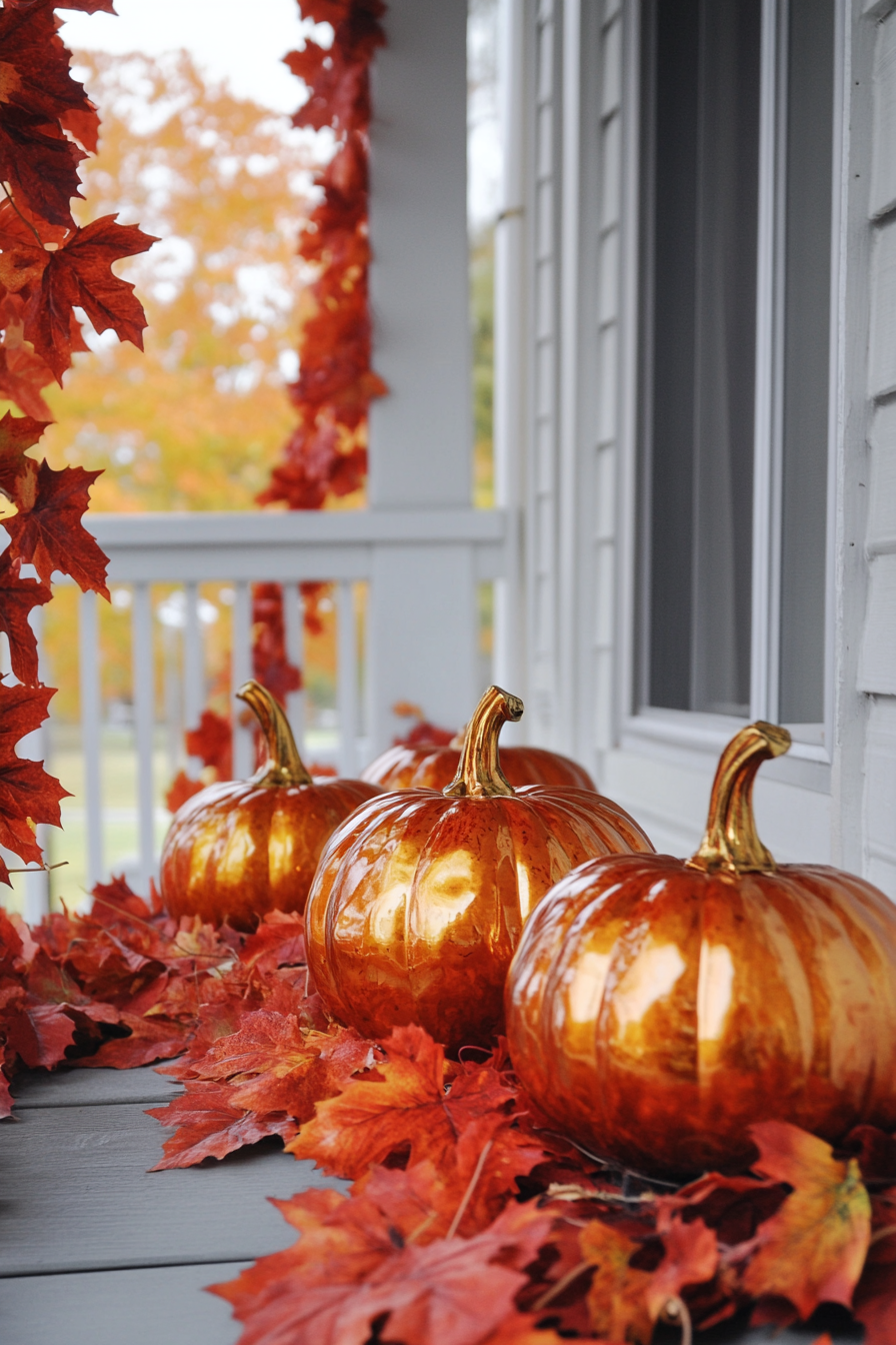 Fall porch. Gleaming ceramic pumpkins amidst crimson maple leaf garlands.