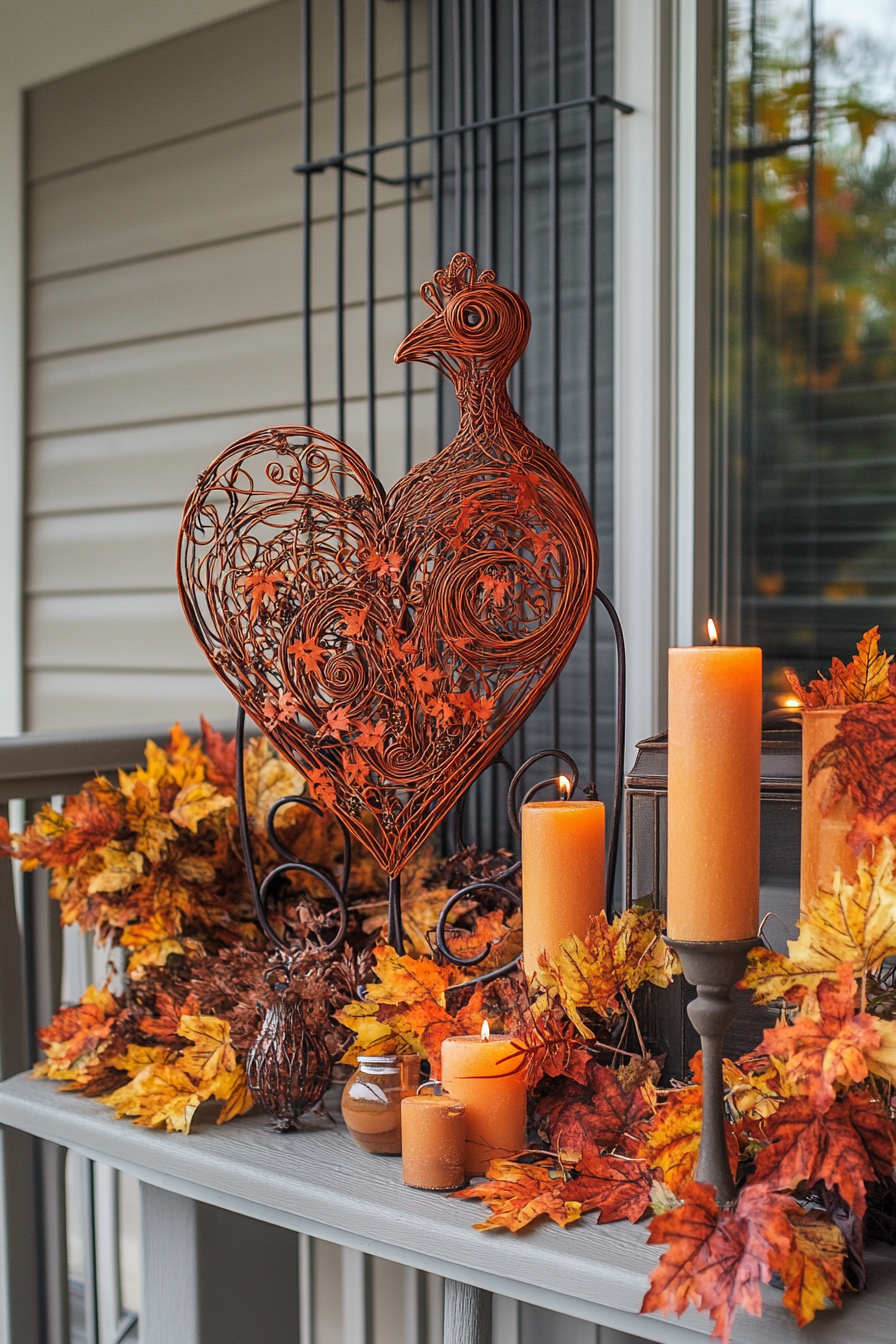 Fall porch. Burnt orange turkey-shaped wire heart sculpture with floral pattern maples and vanilla candles.