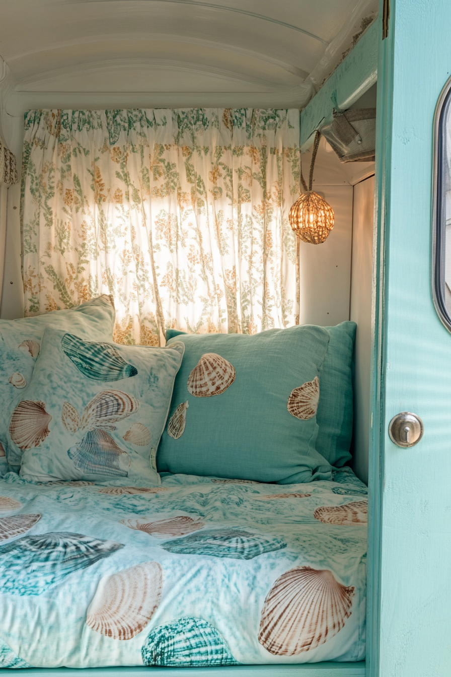 Serene ocean-themed camper sleeping area. Aquamarine bedding with seashell-patterned curtains.