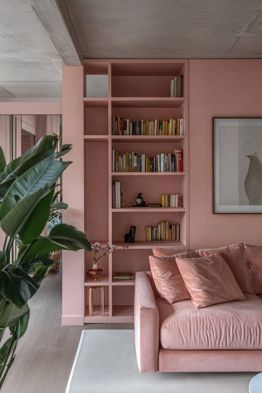 Small apartment storage idea. Vertical shelving in pastel pink