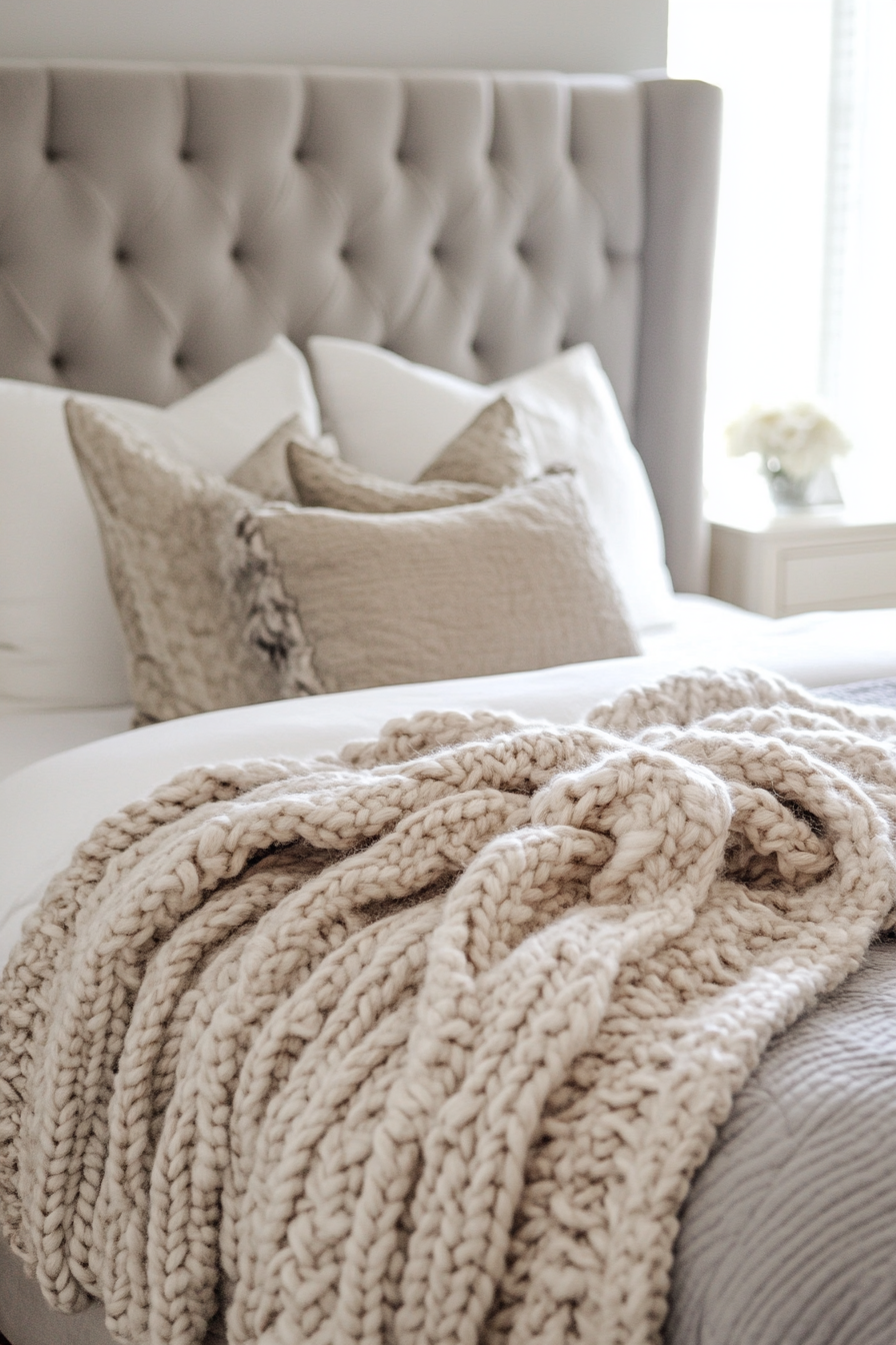 Fall bedroom. Heavy knit throw on a light gray velvet upholstered bed.