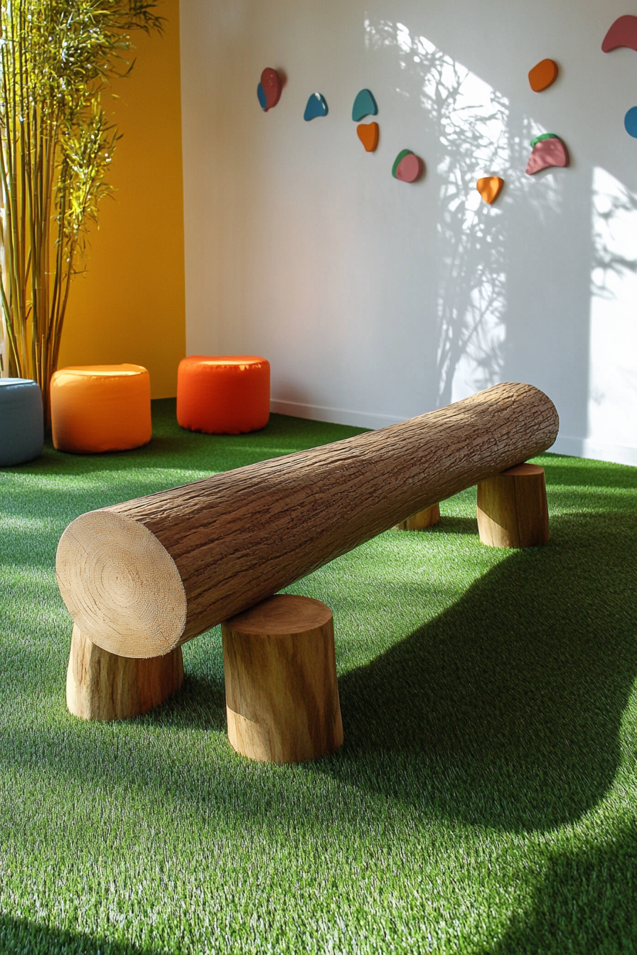 Compact kids' yoga area. Oakwood balance beam on grassy mat.