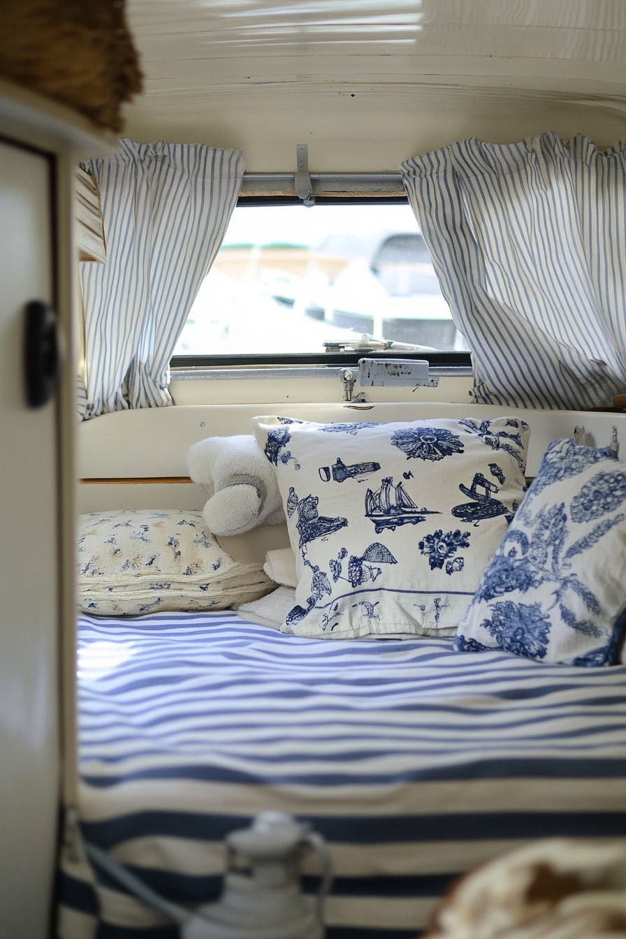 Camper Van interior. Nautical-themed decor with white-and-blue striped curtains.