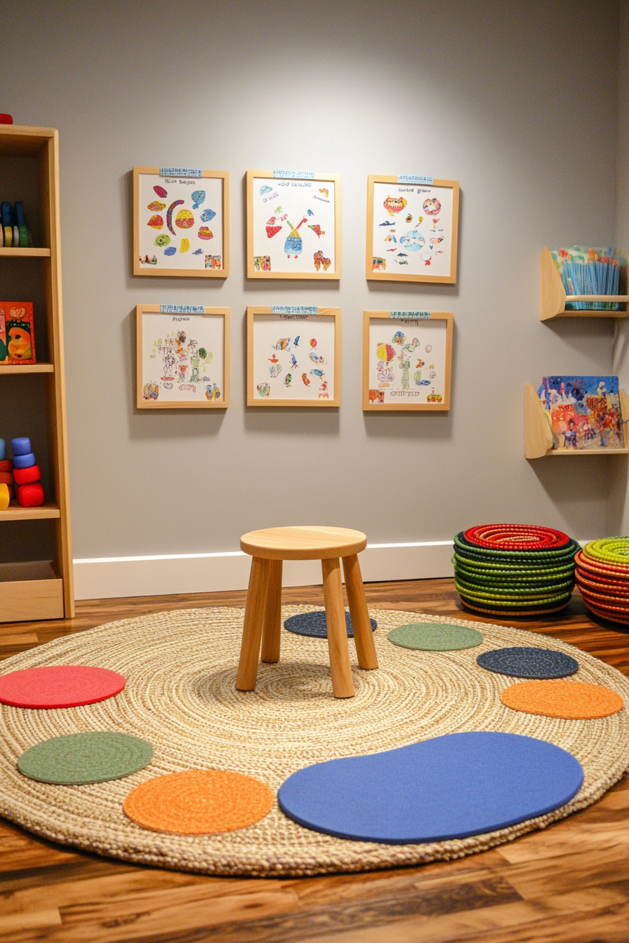 Compact kids' yoga area. Low stool, circular rug, balance discs, Montessori-inspired yoga cards.