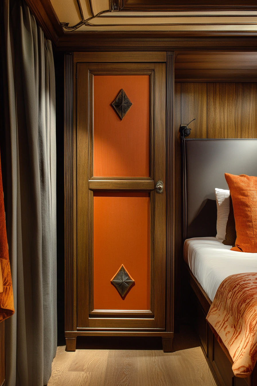 Fall bedroom decor. Art Deco wardrobe with rustic orange and brown details.