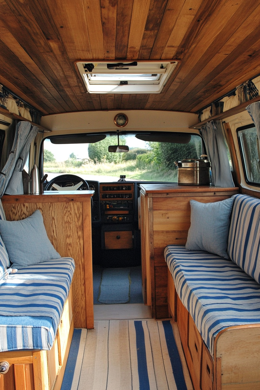 Camper van interior. Teak wood furnishings with blue striped upholstery.