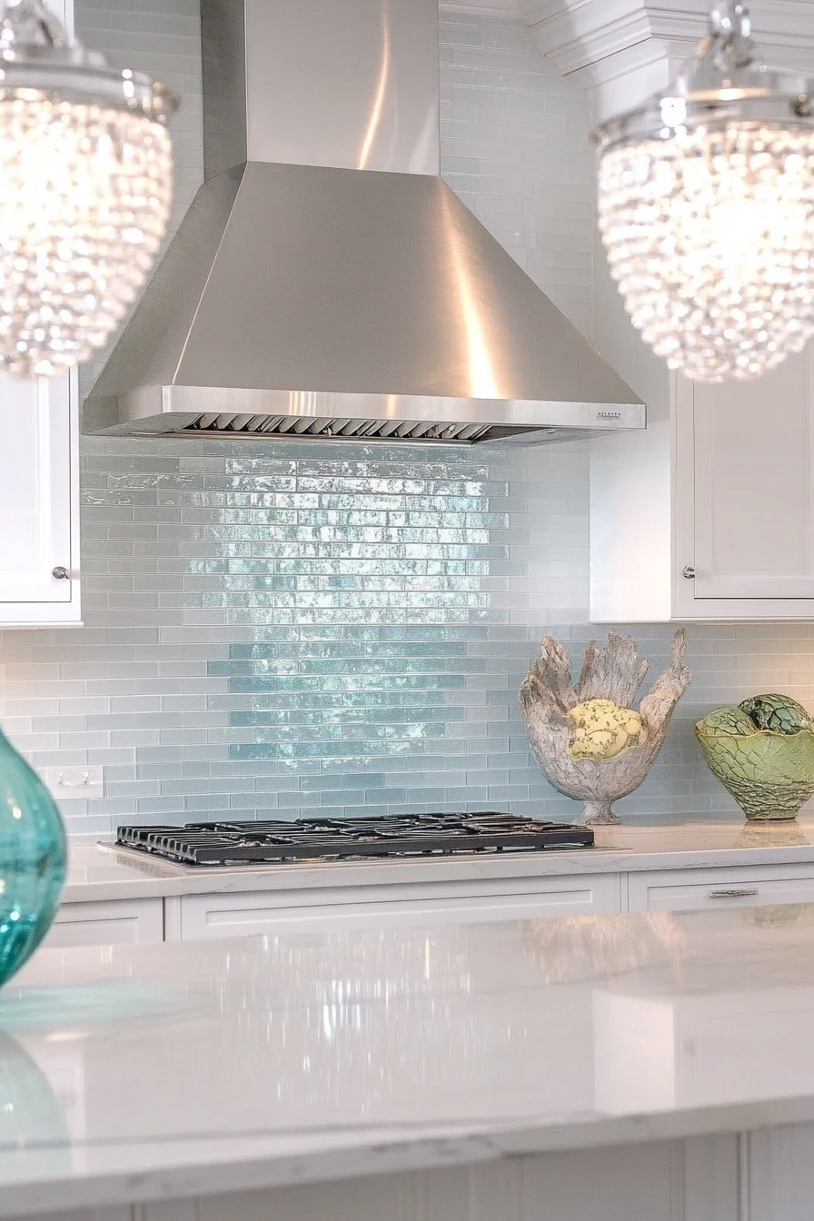 Modern kitchen. White marble countertops with coastal blue glass tile backsplash.