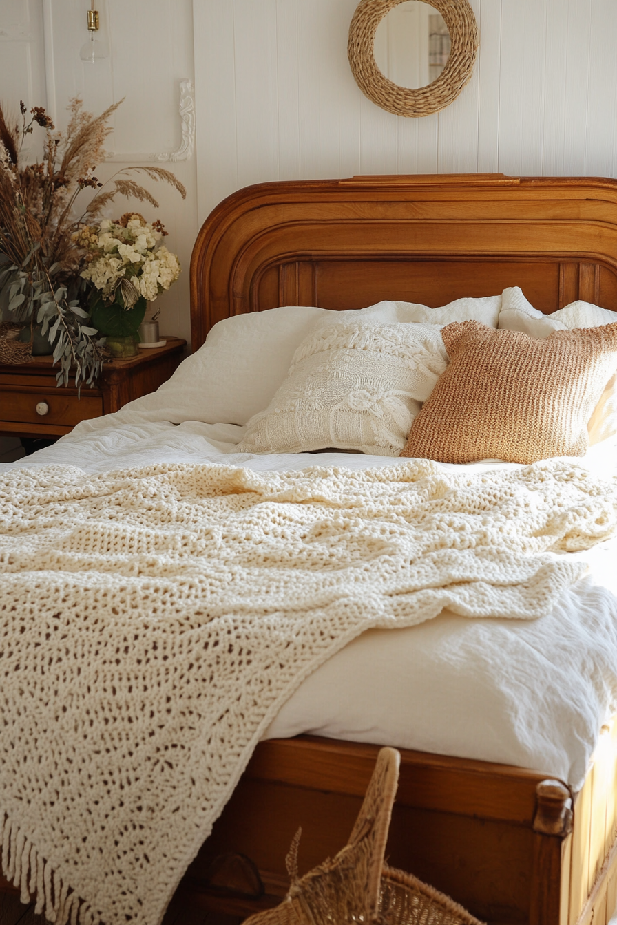 Fall bedroom. Cream crochet blanket on wooden bed.