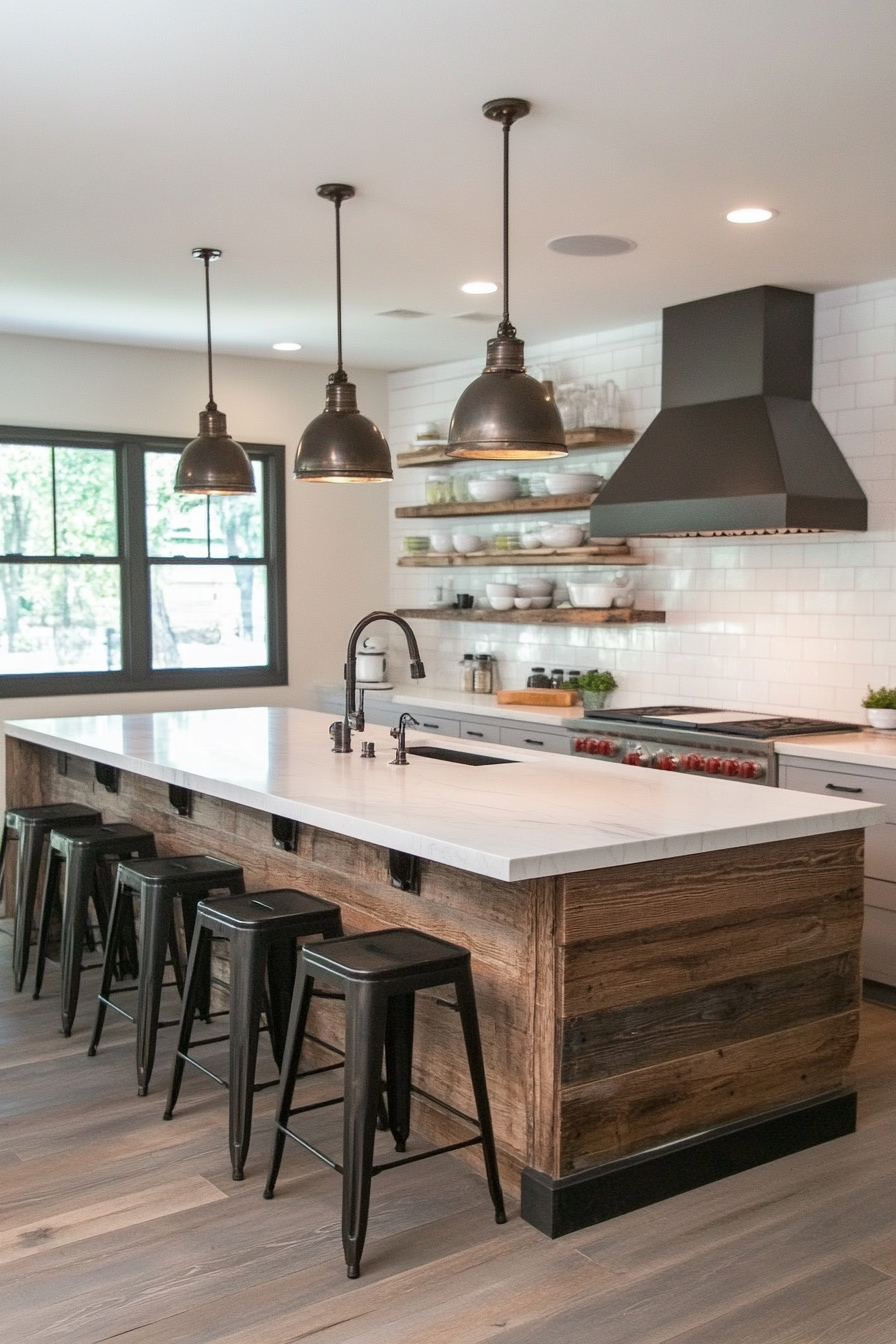 Farmhouse kitchen. Reclaimed wood island with matte black metal stools.