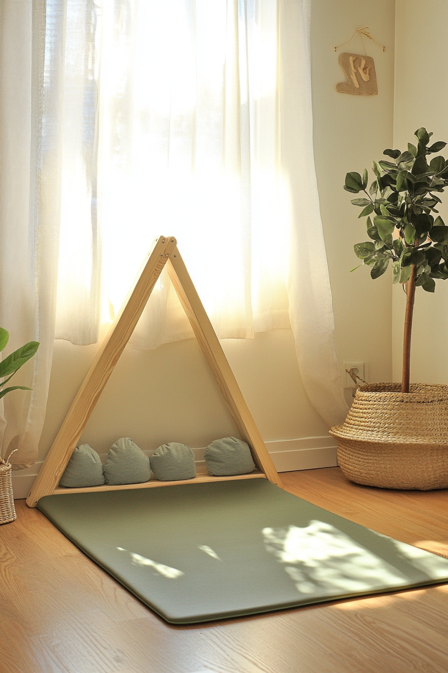 Kids' yoga area. Compact oatmeal Montessori climbing triangle with sage green yoga mat.