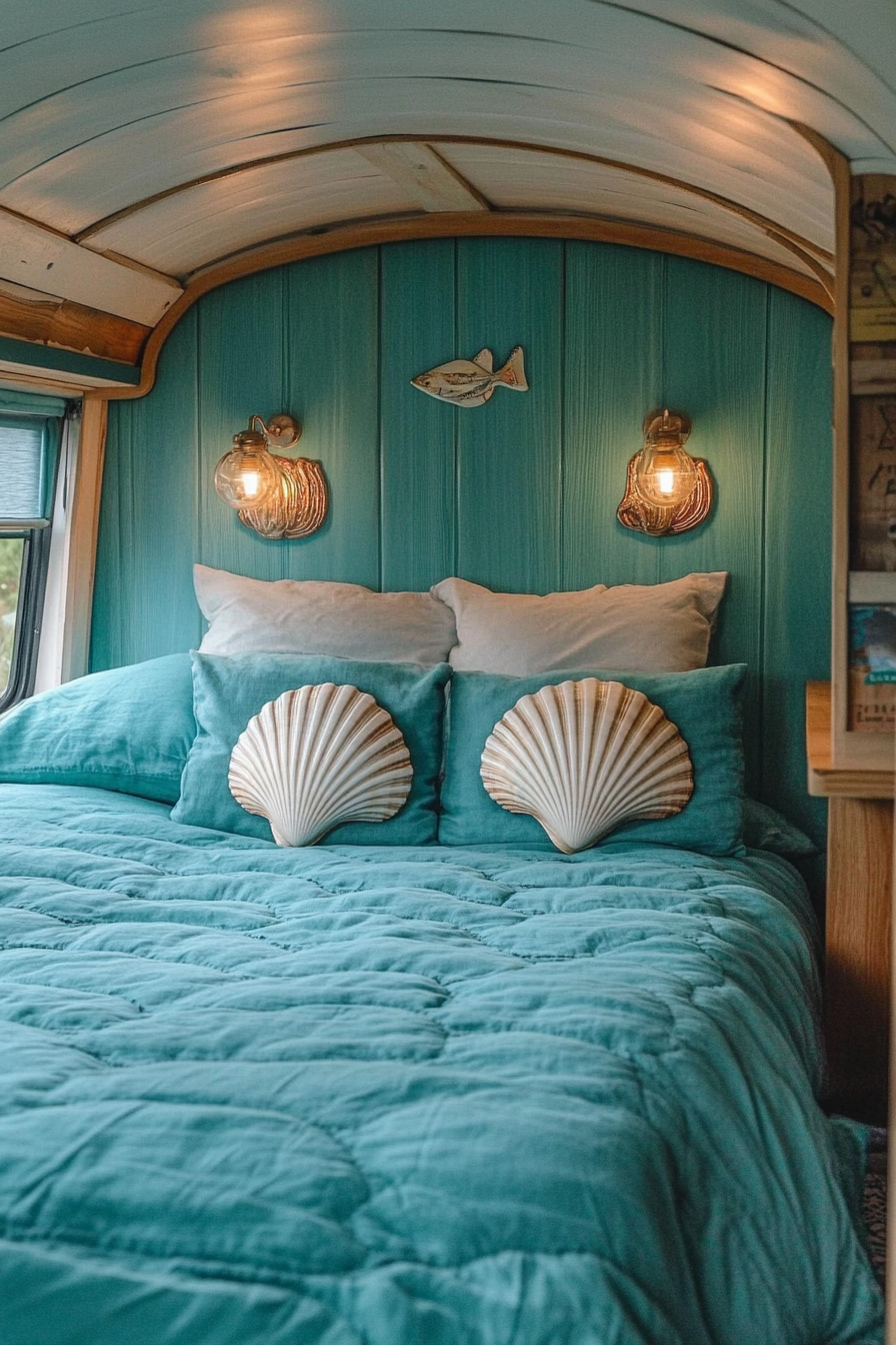 Sleeping area in camper. Ocean blue bedding with shell-shaped pillows.