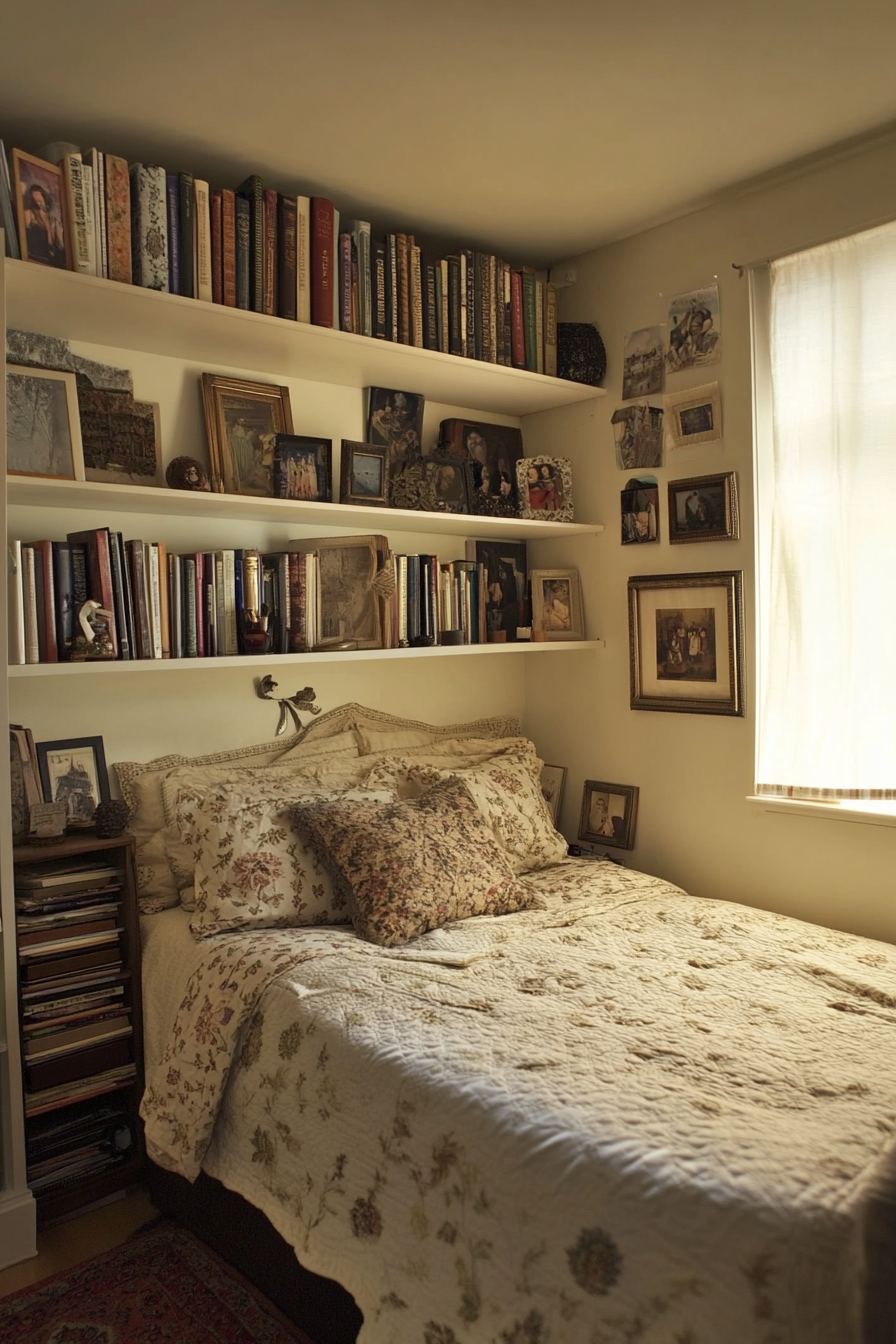 Small apartment storage idea. Multilayer floating shelves in bedroom.