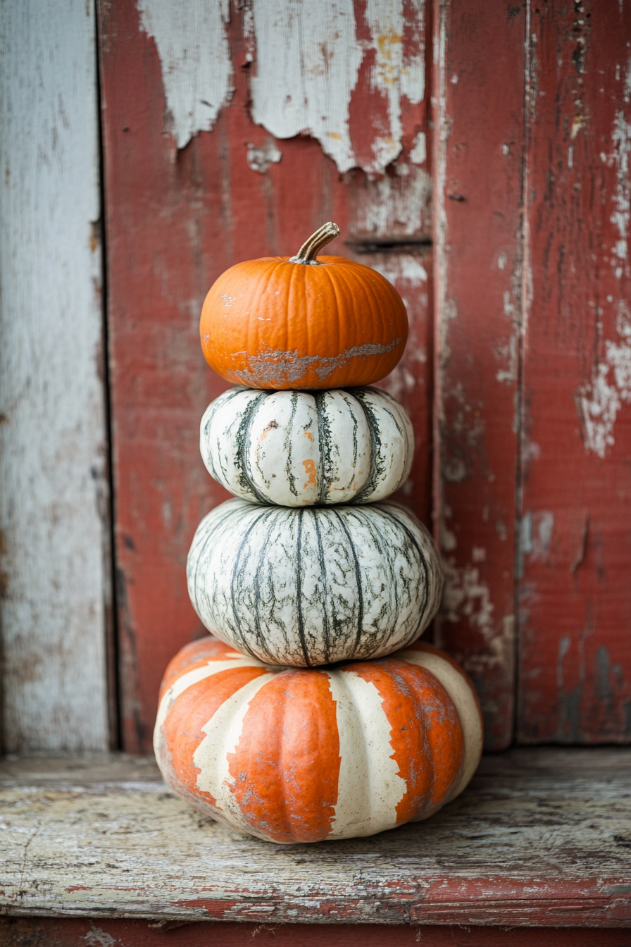 Fall porch. Pumpkin stacks with stripes against rust-red chippy wooden background