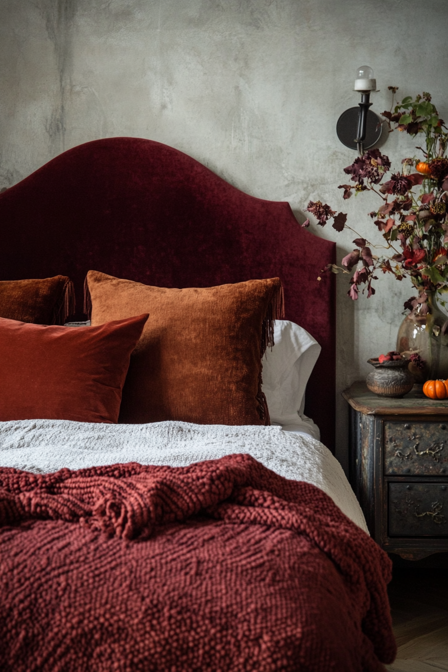 Fall Bedroom. Art Deco-rustic with burgundy velvet headboard and rust-colored wool blanket.