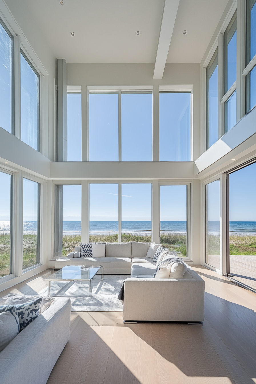 Compact beach house. Bright interiors with floor to ceiling windows facing the sea.