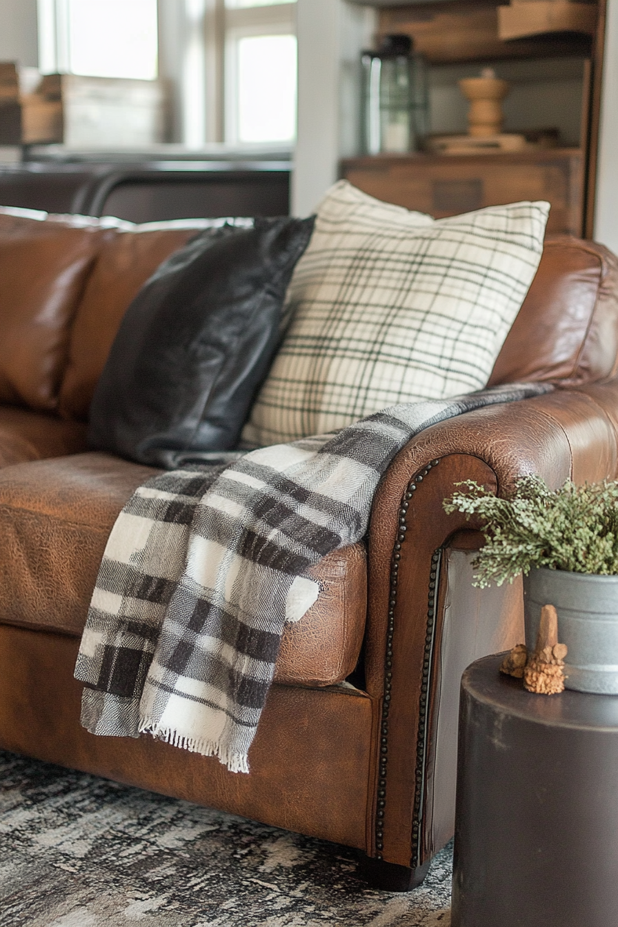 Fall living room. Distressed leather couch with plaid throw blankets and rustic metal accents.