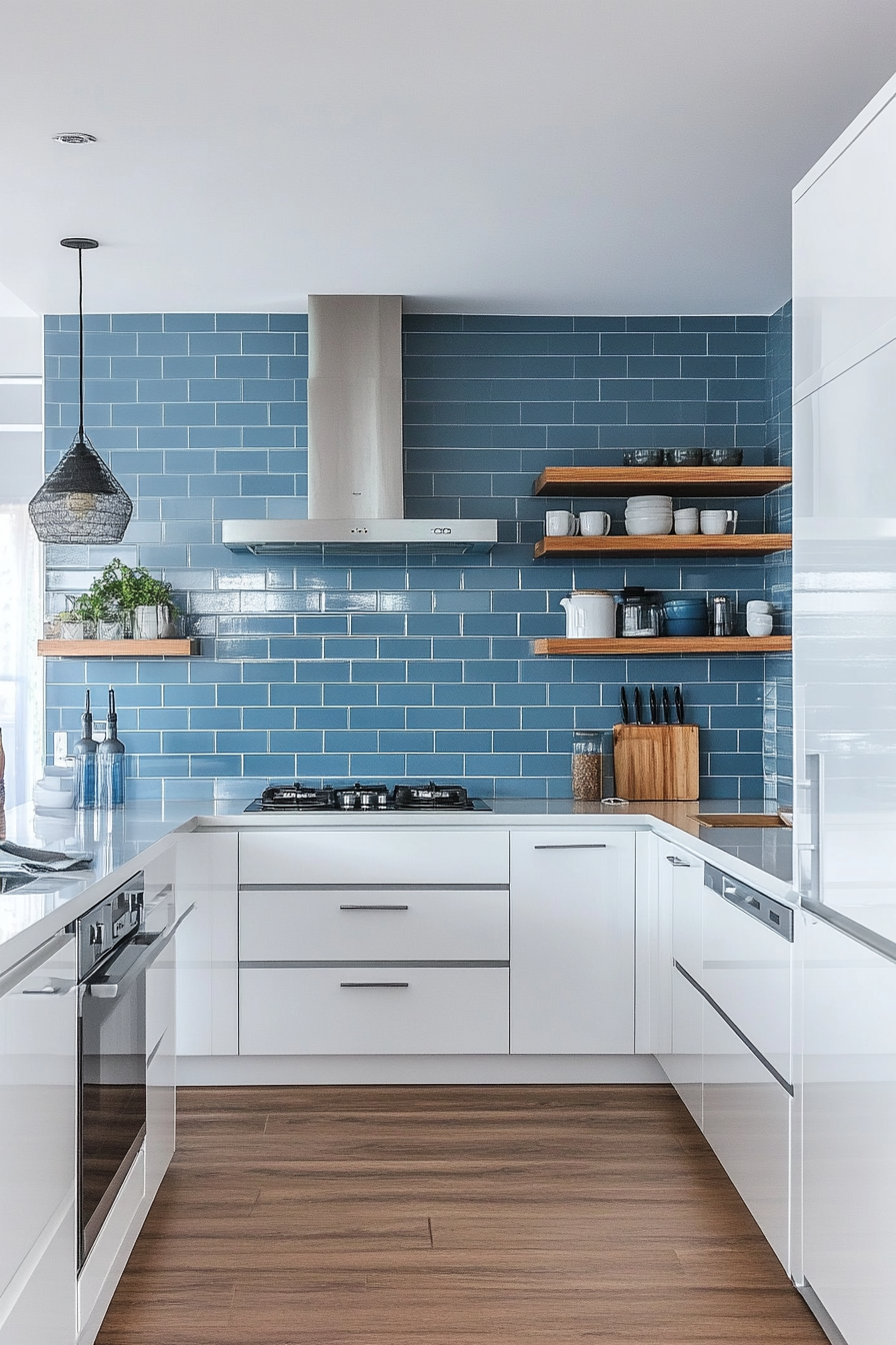 Modern kitchen. Blue subway tile backsplash and white cabinets.