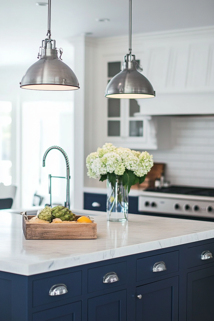 Coastal modern kitchen. Navy blue island counter with white marble top.