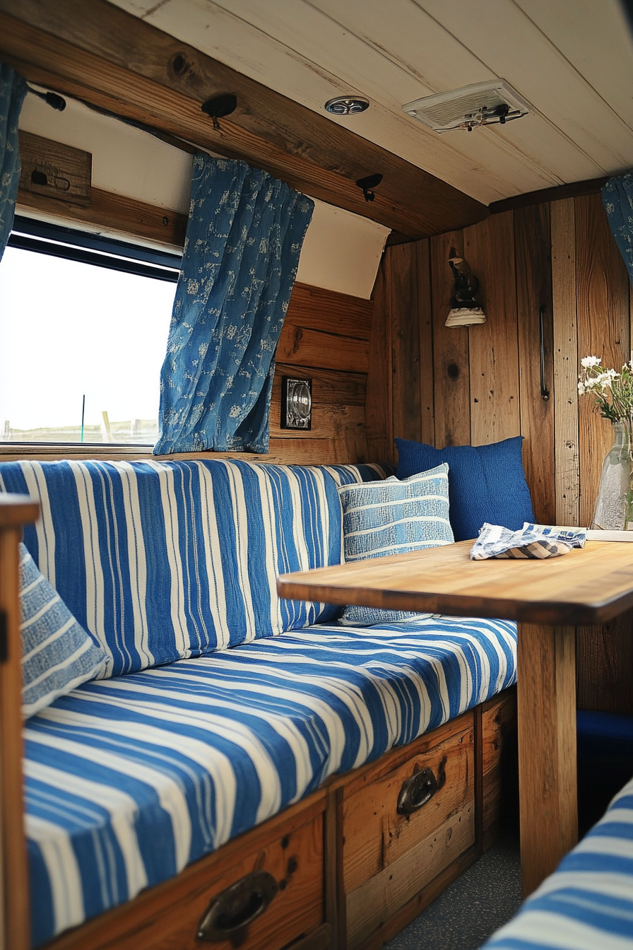 Coastal camper van interior. Blue and white striped upholstery with rustic wooden cupboards.