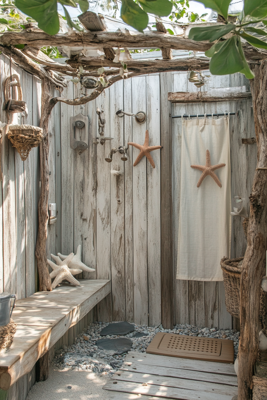 Outdoor shower setup. Driftwood framed shower stall with starfish-adorned curtain.