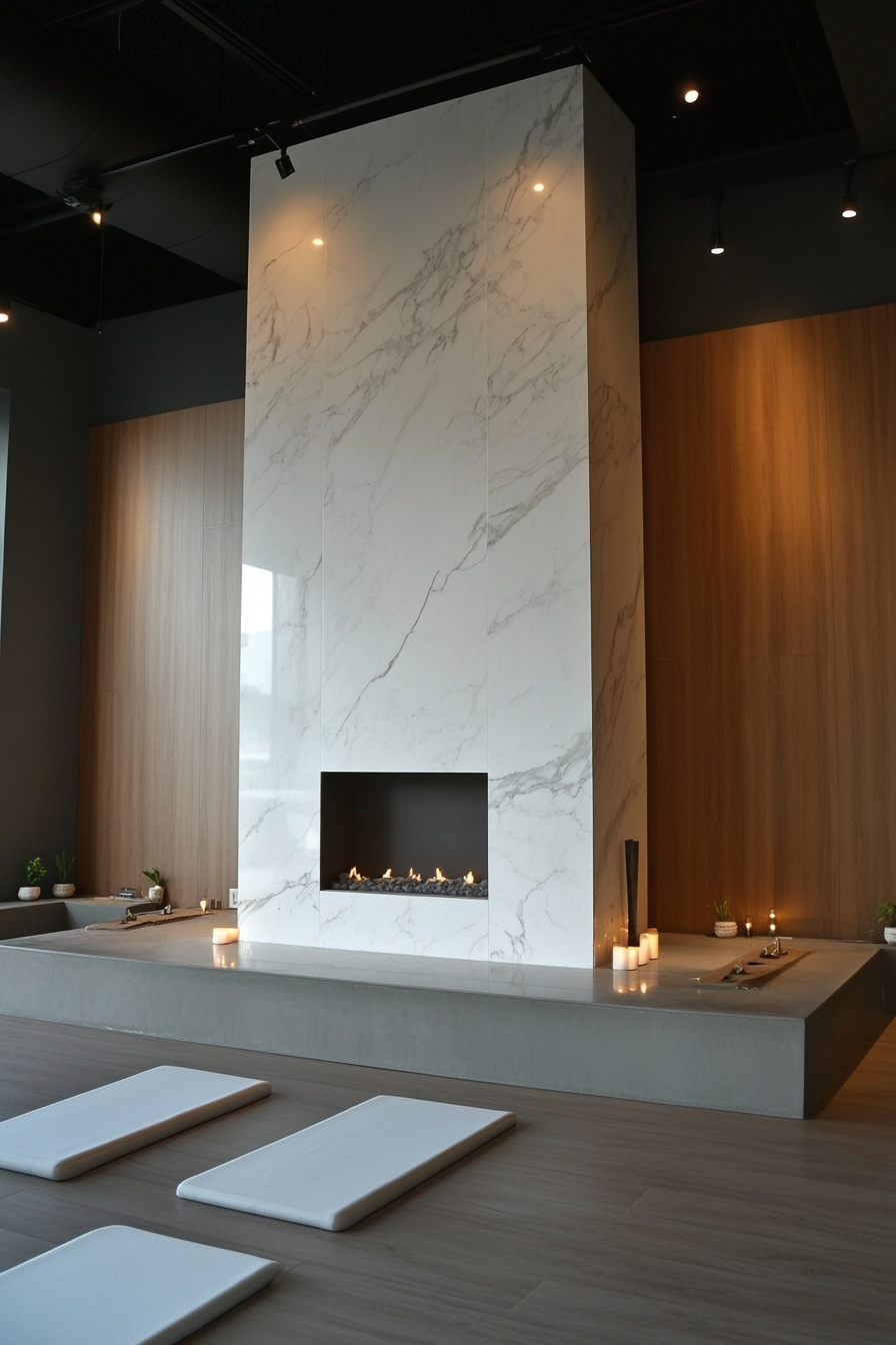 Upscale yoga studio interior. Floating fireplace wrapped in polished Carrara marble.