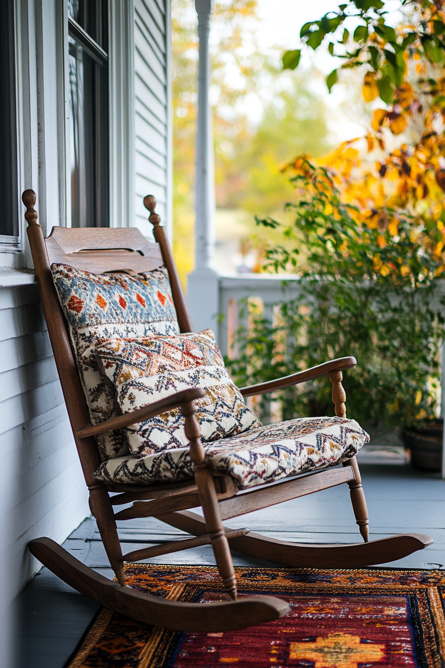 Fall porch. Wooden rocking chair with boho-patterned cushion.