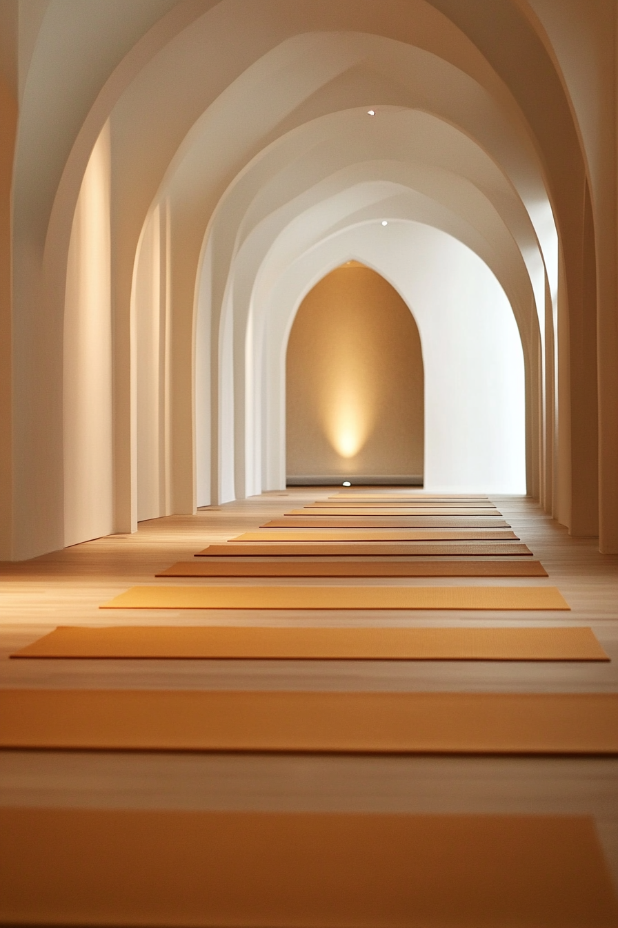 Upscale yoga studio interior. Minimalistic design with soothing earth-tones.