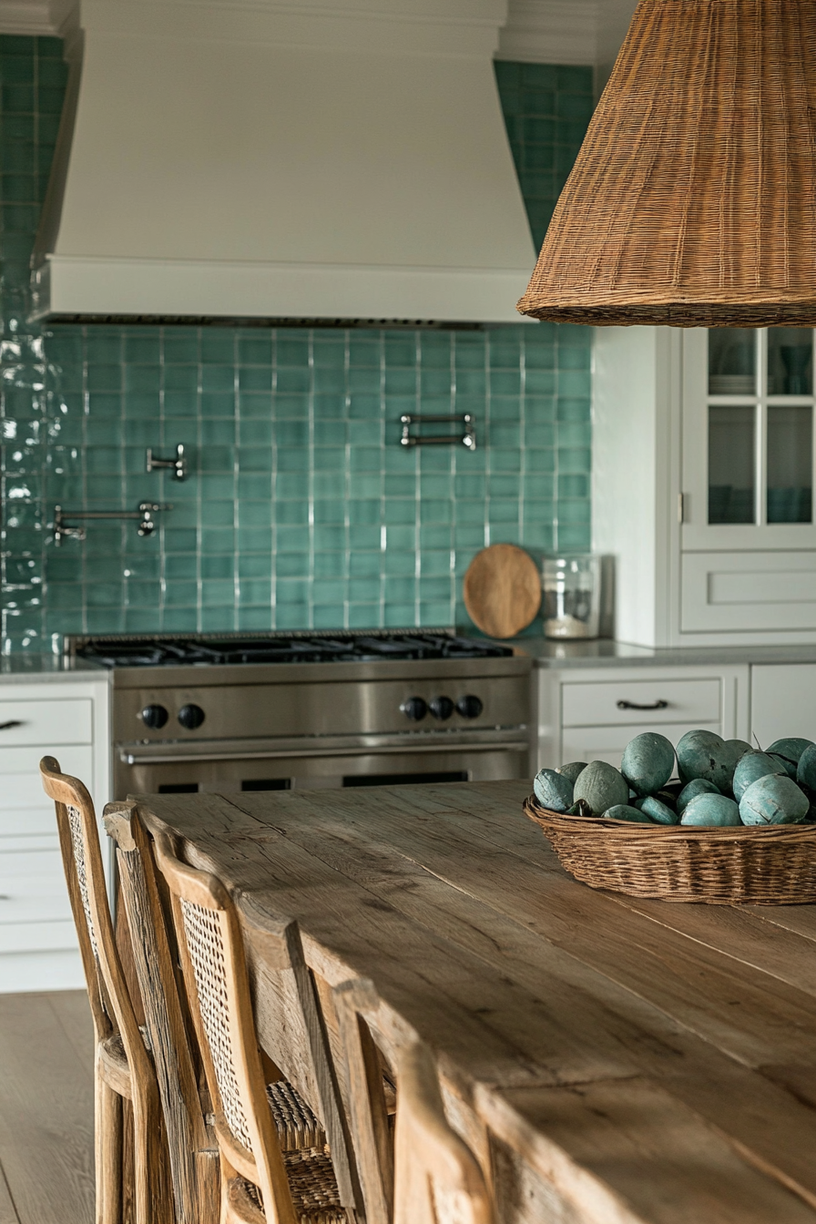 Coastal-themed kitchen. Sea-glass colored tiles with antique oak table.