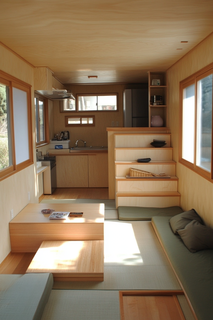 Tiny home interior. Versatile tatami mat flooring with light wood furnishings.