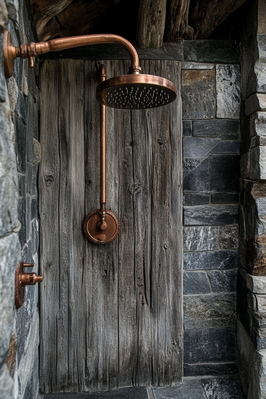 Outdoor shower setup. Driftwood panel with copper showerhead.