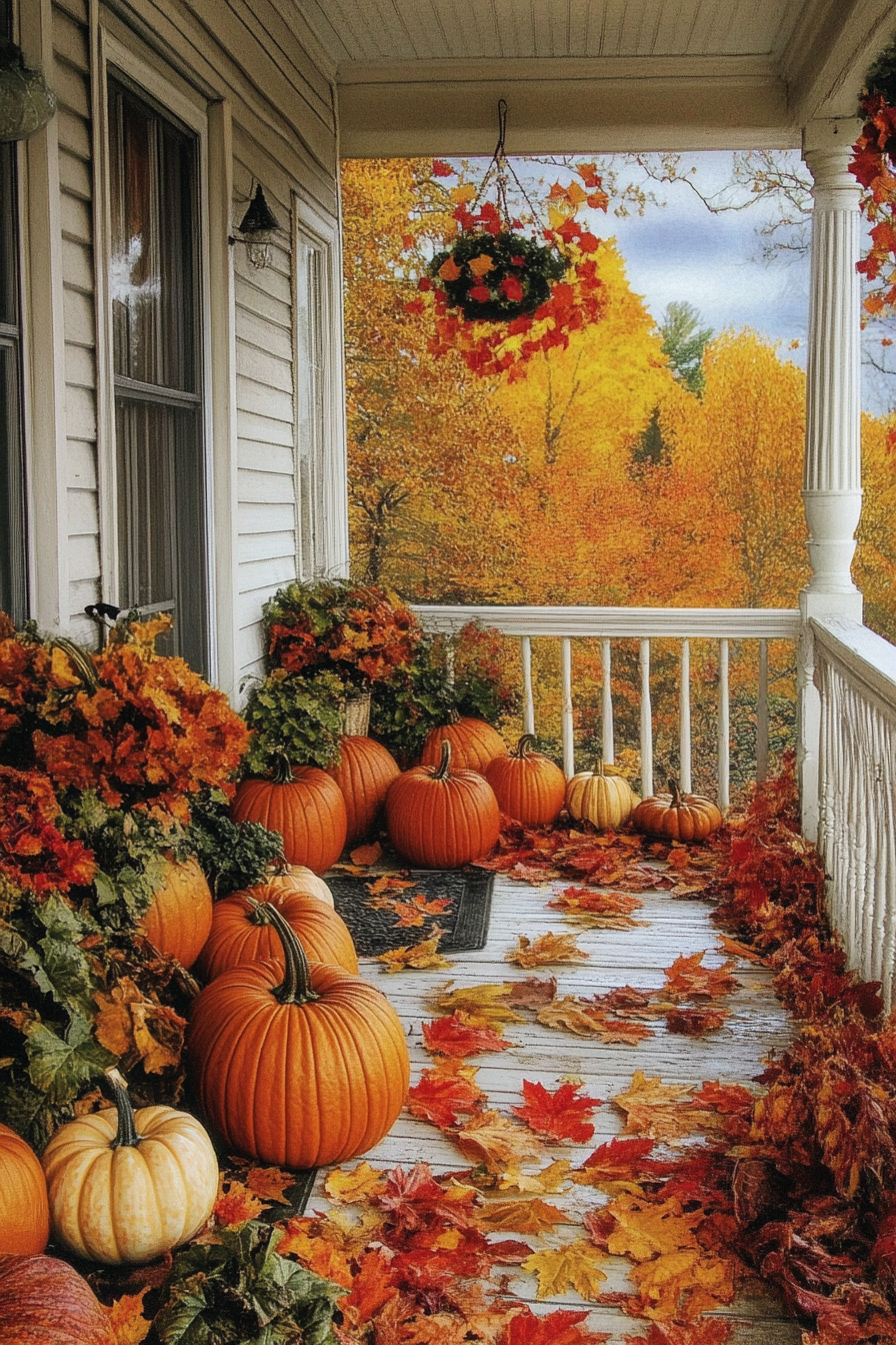 Fall porch. Sparsely adorned with multi-hued pumpkins and abundant autumn foliage.