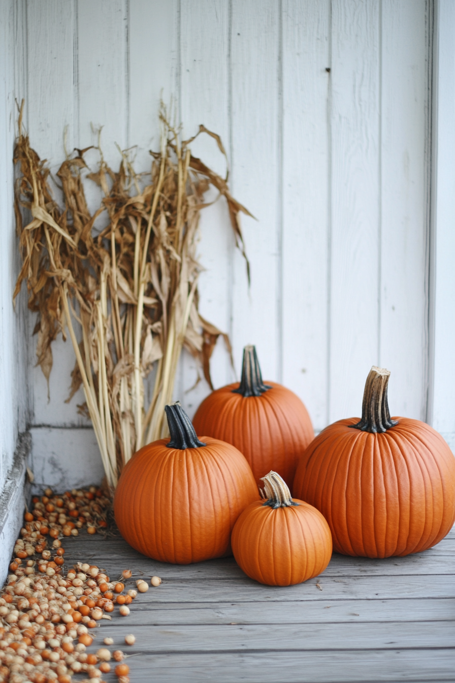 Fall porch. Pumpkins+cornstalks against a white clapboard background.