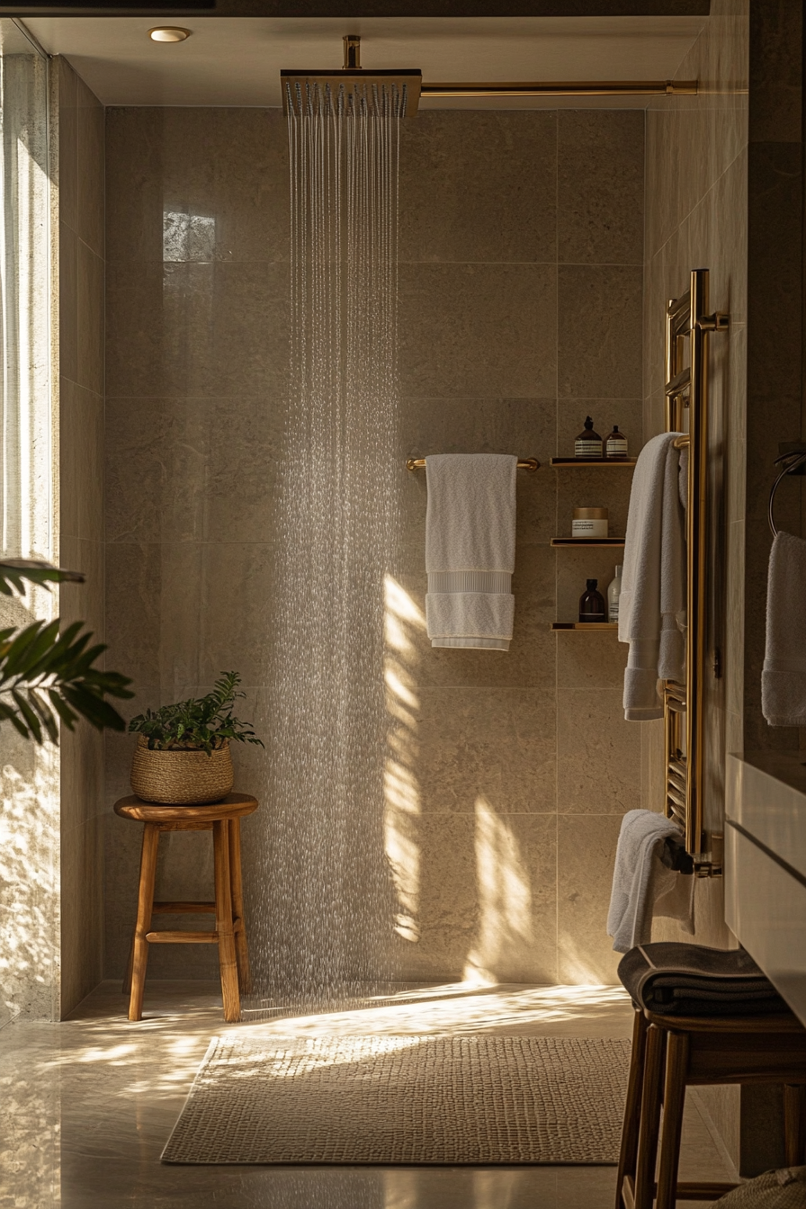 Small luxurious bathroom. Bamboo accents, gold fixtures, rain shower head.