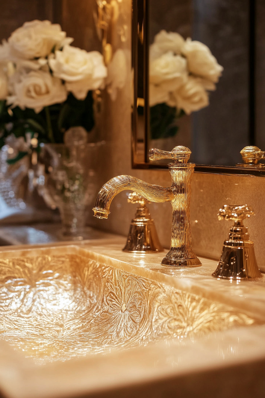 Small luxurious bathroom. Gold-toned faucets with glass patterned basin.