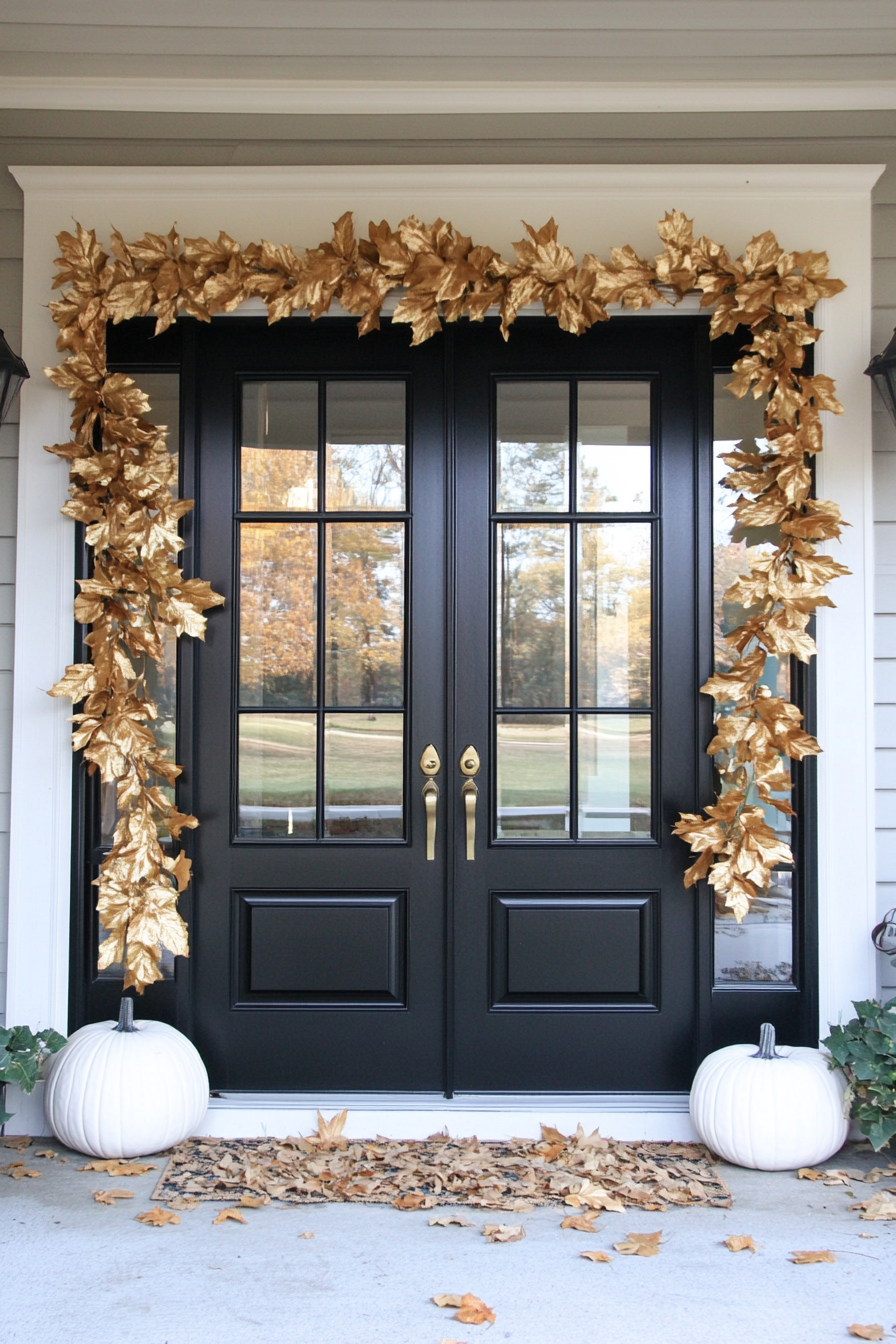 Fall porch. Black French doors, garland of gold leaves, single white pumpkin.