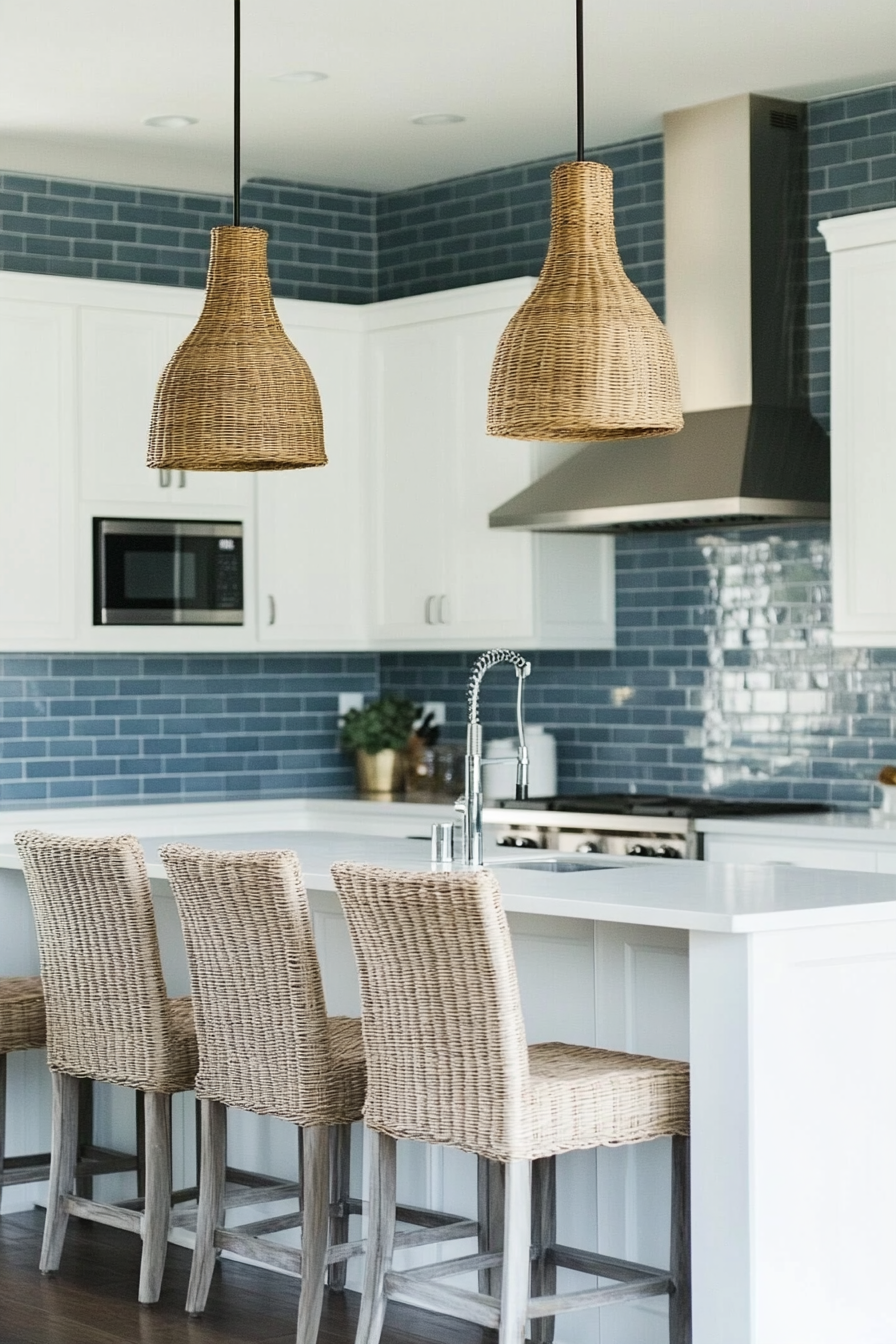 Coastal modern kitchen. Blue subway tiles with white cabinetry.