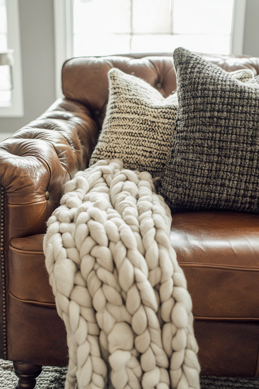 Fall living room. Chunky woven throw blanket on distressed leather couch.