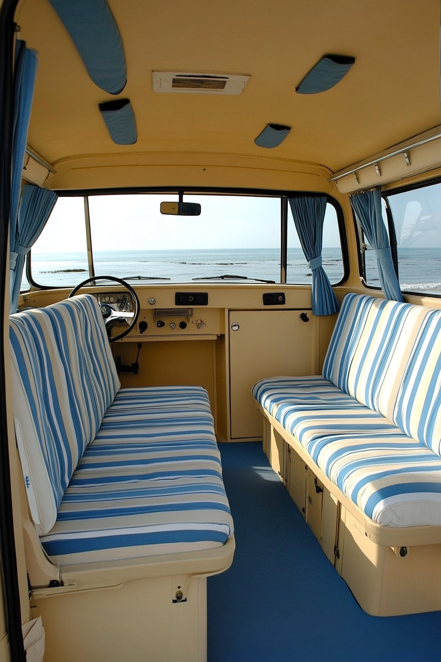 Coastal Camper Van Interior. Sandy color-fill with blue and white stripped seats.