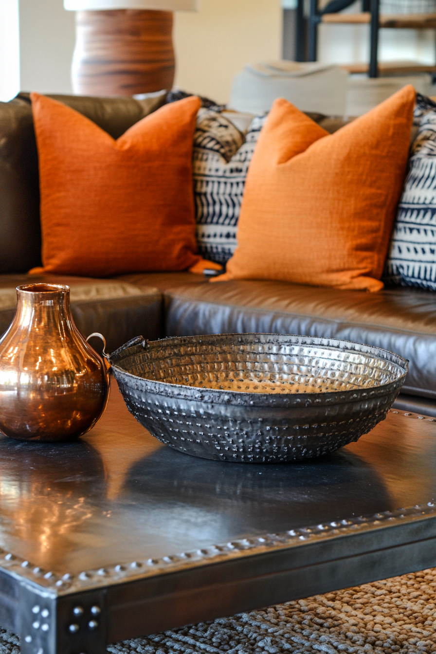 Fall living room. Leather sofa, burnished metal coffee table, orange throw pillows.