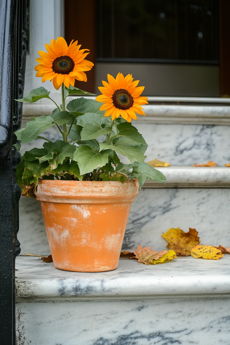 Fall Porch. Marble stairs next to large orange sunflower pot.