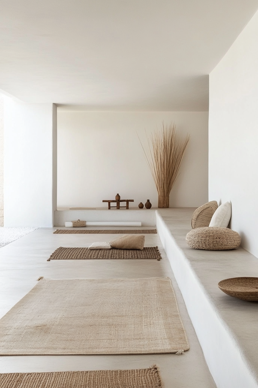 Home Yoga Studio. White walls with bamboo mats and minimalistic furniture.