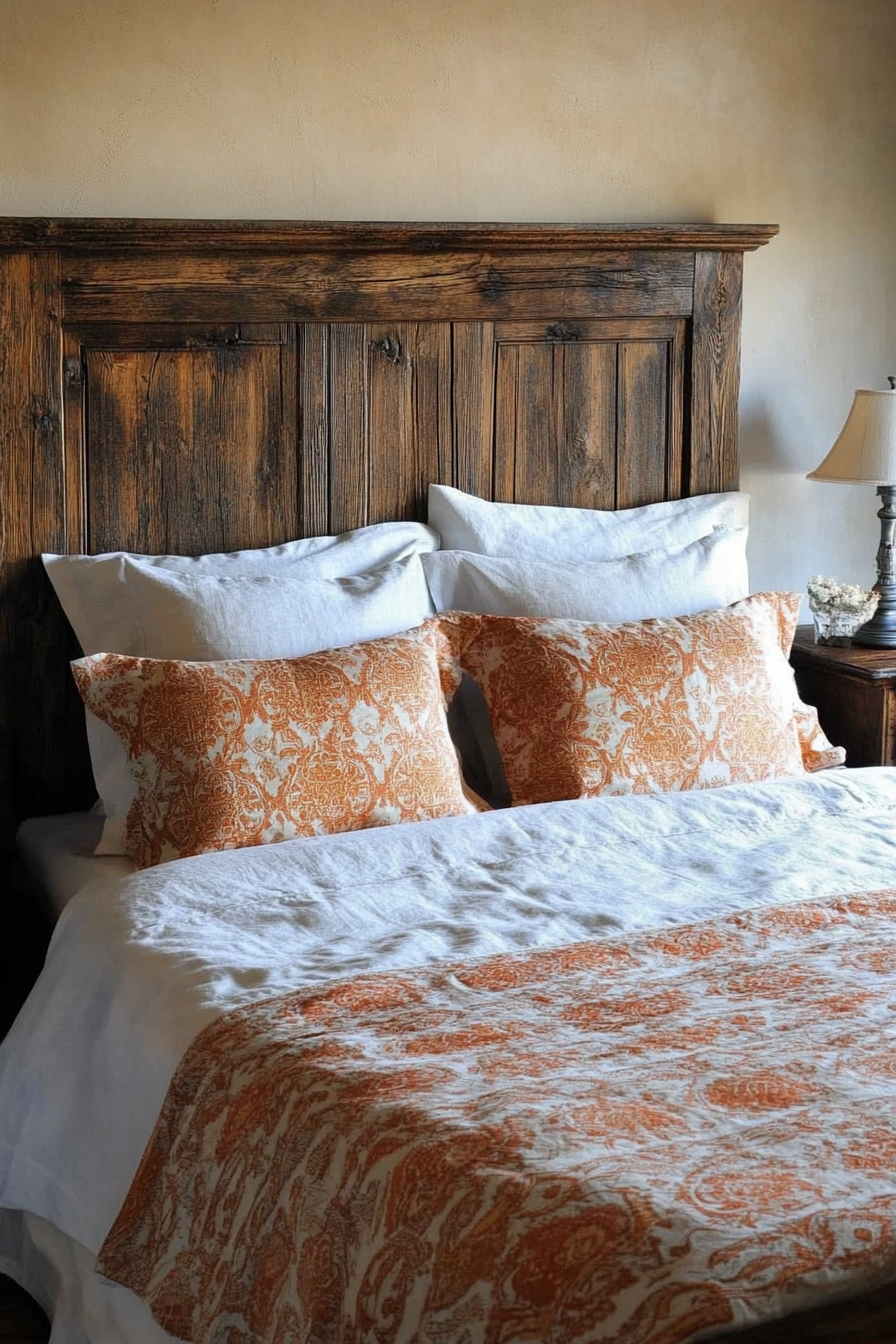 Fall bedroom. Distressed wood headboard with art deco pattern linens in autumn colors.