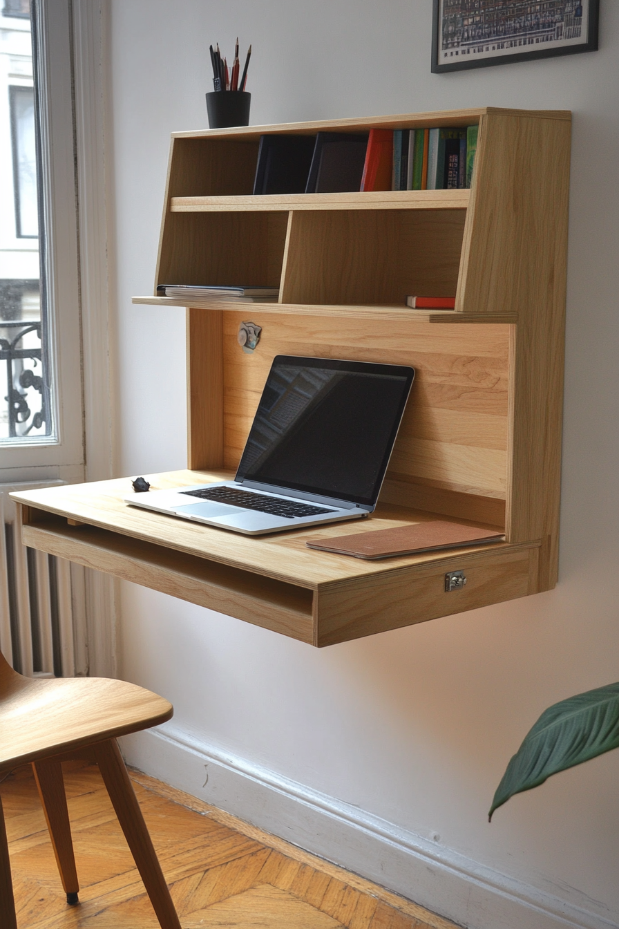 Small apartment storage idea. Wall-mounted folding desk with cubbies.